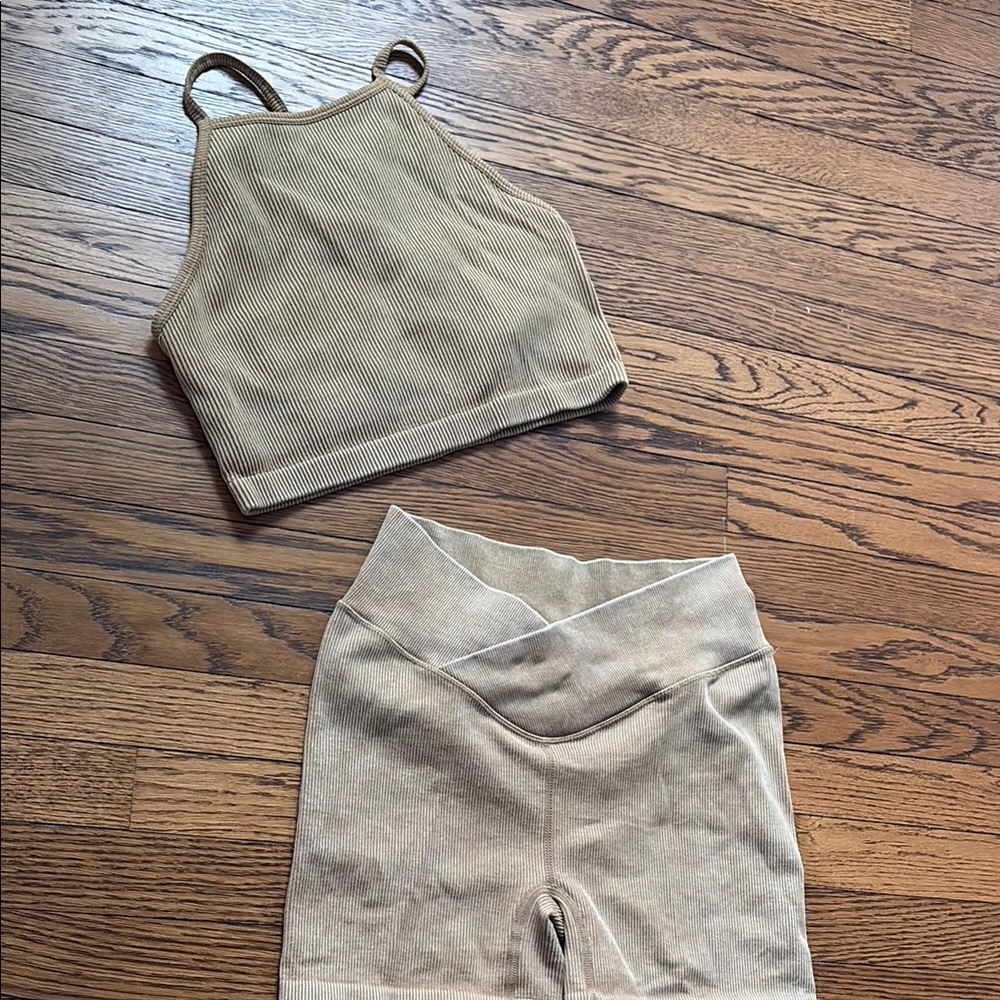 JoyLab Tan Ribbed Shorts Set